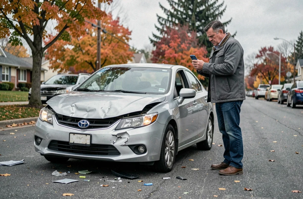 Propriétaire photographiant les dégâts de sa voiture accidentée avant de consulter un avocat en assurance