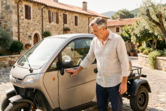 Homme inspectant une voiture sans permis d'occasion dans un village corse ensoleillé