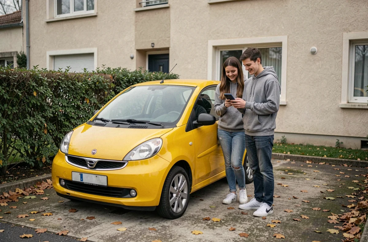 Deux adolescents souriants à côté d'une voiturette jaune dans une allée pavillonnaire