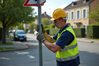 Agent municipal en uniforme installe un panneau de signalisation