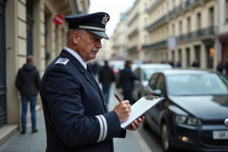 Agent de police rédigeant un procès-verbal de contravention de 5ème classe sur un véhicule en stationnement en ville