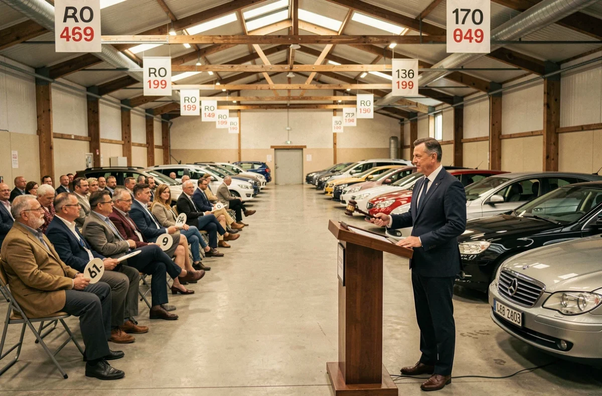 Salle de vente aux enchères automobiles d'Alexis Duhamel avec un commissaire-priseur et des acheteurs examinant des voitures d'occasion