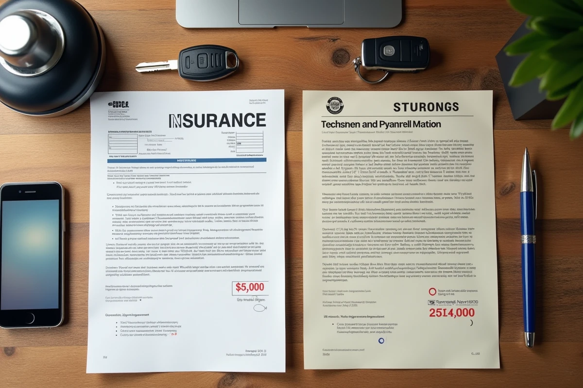 Document d'assurance auto et avis de contravention pour excès de vitesse posés sur un bureau, représentant les conséquences financières et administratives