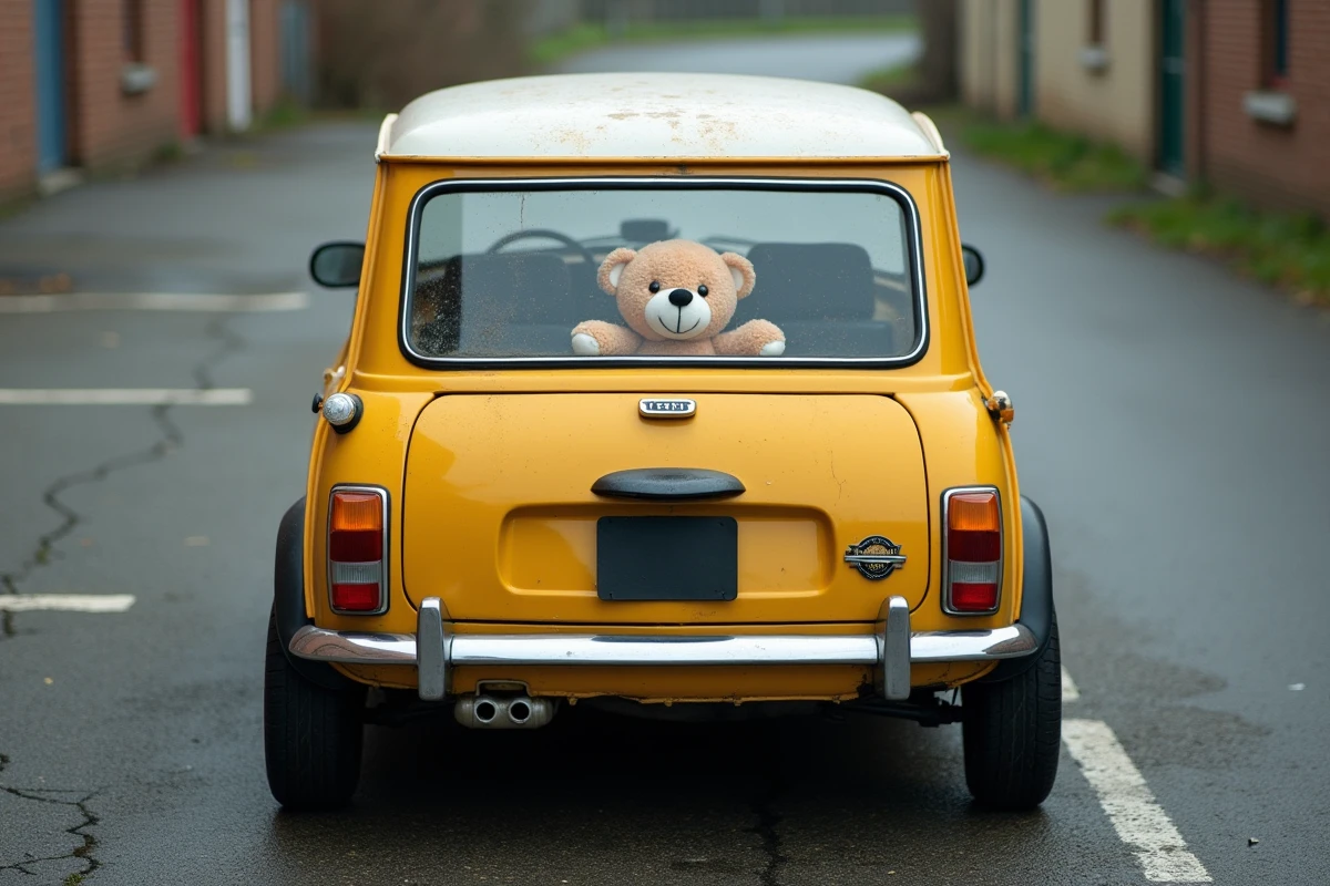 Arrière d'une Mini britannique jaune moutarde avec un ourson en peluche visible par la lunette arrière, rappelant la voiture de Mr Bean