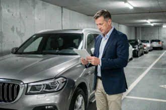 Homme consultant des documents d'assurance à côté d'un grand SUV de 20 CV dans un parking souterrain