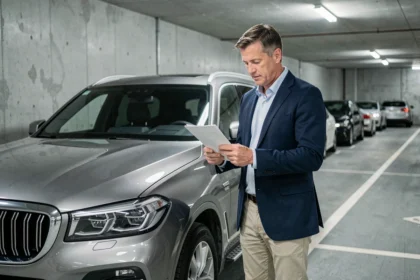 Homme consultant des documents d'assurance à côté d'un grand SUV de 20 CV dans un parking souterrain