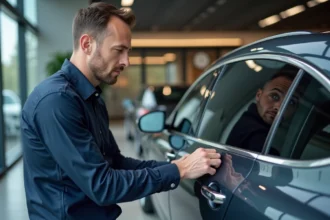 Automobiliste exigeant inspectant une berline premium dans un showroom automobile haut de gamme