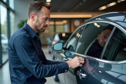 Automobiliste exigeant inspectant une berline premium dans un showroom automobile haut de gamme