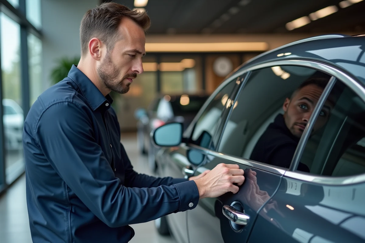 Automobiliste exigeant inspectant une berline premium dans un showroom automobile haut de gamme