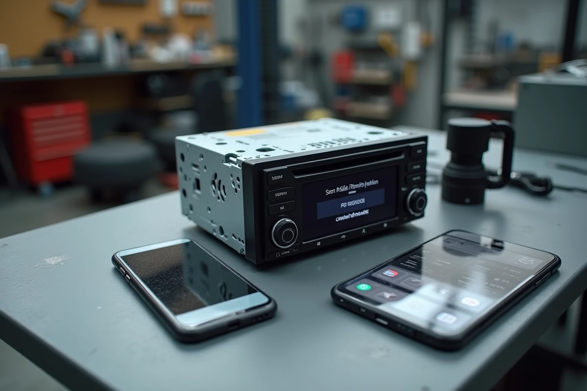 Autoradio Renault Clio 4 démonté sur un établi d'atelier avec étiquette de numéro de série visible et smartphone affichant un site de récupération de code