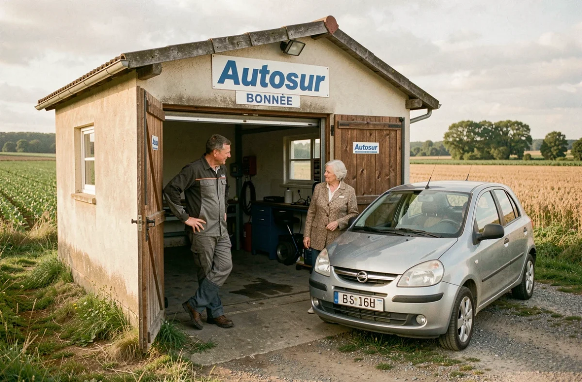 Technicien Autosur Bonnée dans le sud du Loiret conversant avec une cliente âgée devant le centre de contrôle technique accessible en zone rurale