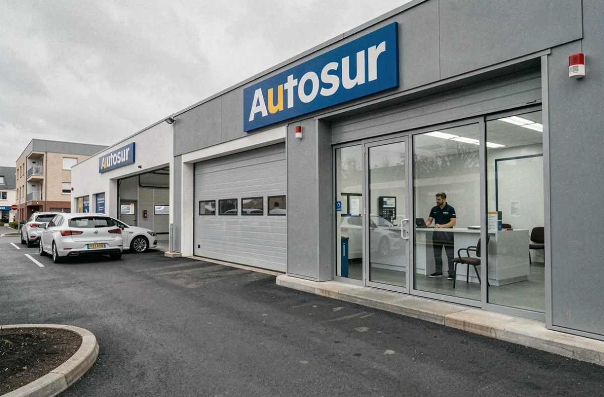 Extérieur du centre Autosur Orléans en zone urbaine avec plusieurs baies ouvertes, véhicules en circulation et réceptionniste visible dans le bureau vitré