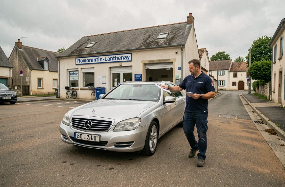 Technicien Autosur Romorantin-Lanthenay effectuant un tour du véhicule avant contrôle dans le forecourt du centre en Loir-et-Cher