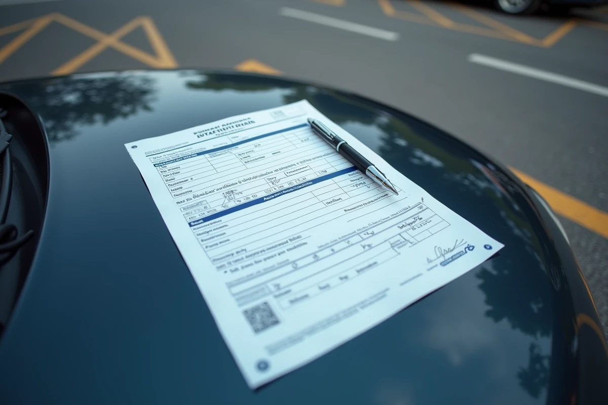 Gros plan d'un avis de contravention de 5ème classe posé sur le capot d'une voiture dans un parking urbain