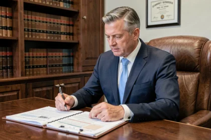 Avocat spécialisé en assurance auto examinant un dossier de sinistre dans son cabinet juridique
