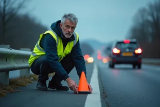 Homme posant une balise V-16 sur l'autoroute à côté de sa voiture en panne avec gilet de sécurité