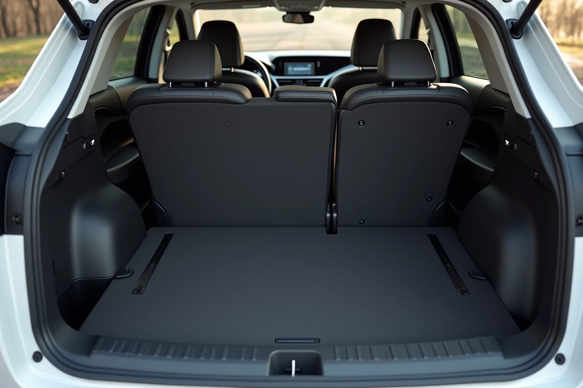 Banquette arrière rabattue de la Peugeot 3008 offrant un plancher plat avec compartiment de rangement sous le coffre