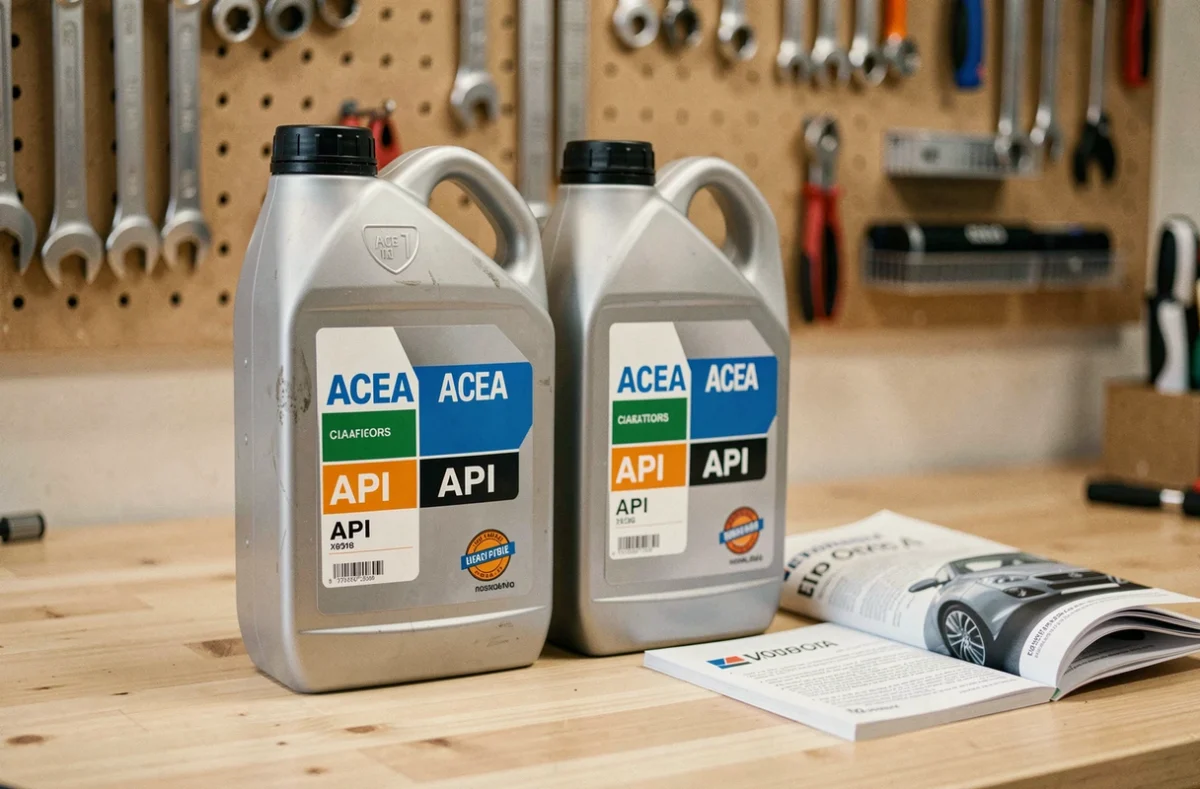 Deux bidons d'huile moteur avec étiquettes ACEA et API posés sur un établi à côté d'un manuel automobile