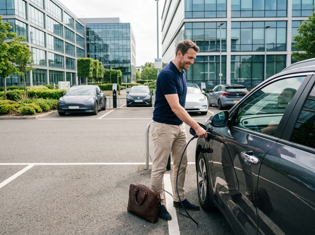 Homme rechargeant son véhicule électrique sur une borne installée dans un parking d'entreprise