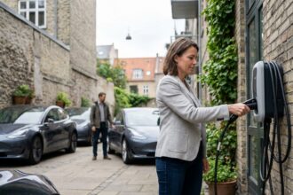 Femme branchant sa voiture électrique sur une borne de recharge partagée dans une résidence urbaine