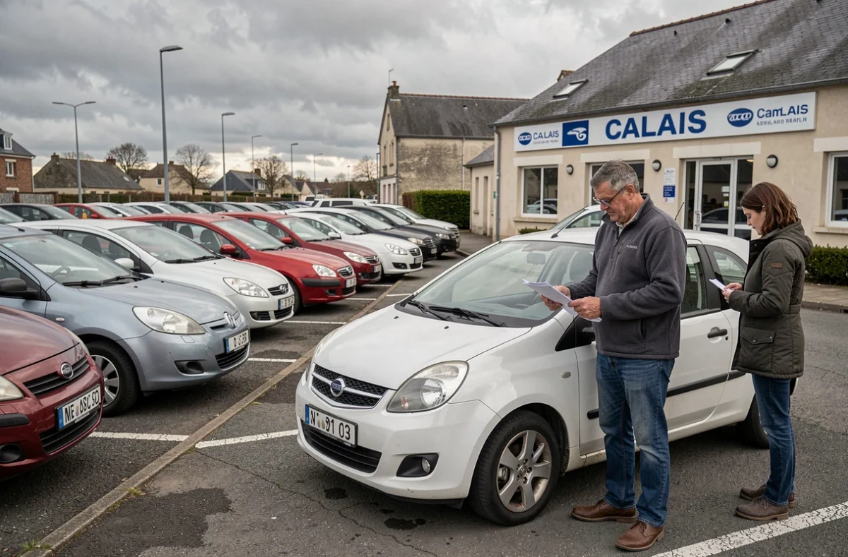 Vendeur de Boulanger Autos Calais discutant d'un véhicule d'occasion avec un client sur le parking extérieur de la concession