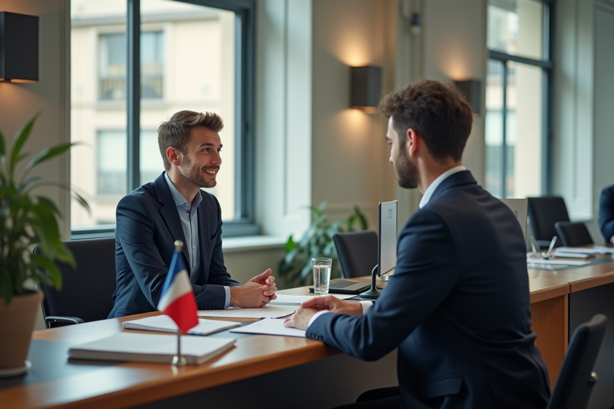 Jeune homme parlant à un agent dans un bureau officiel français