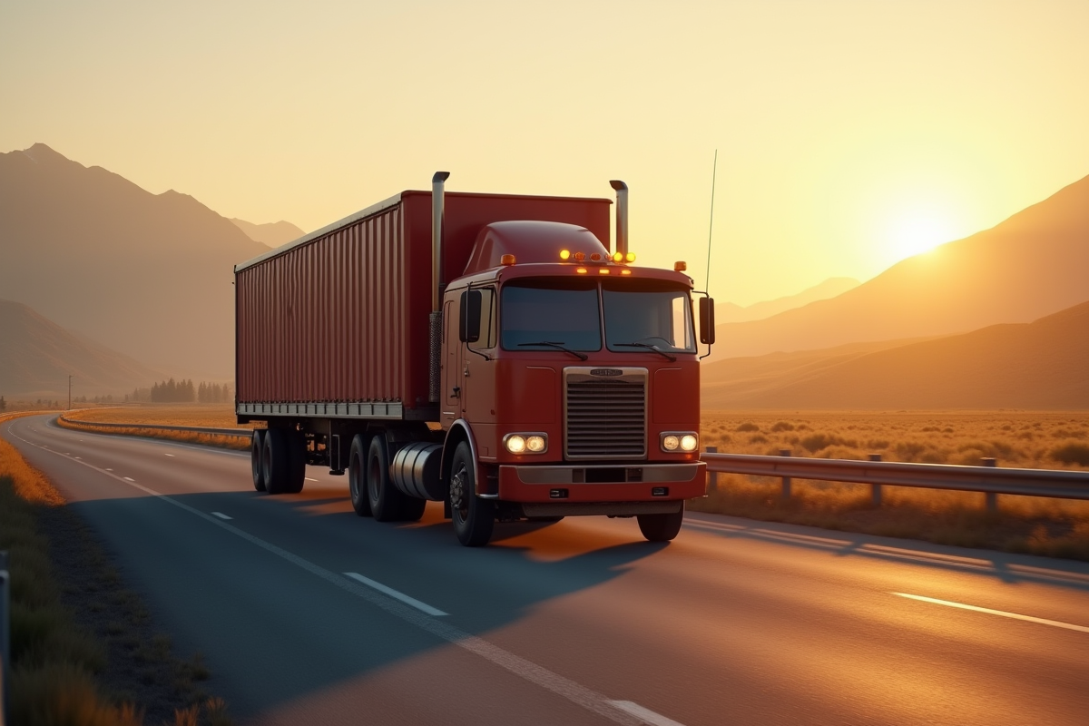 Camion lourd ancien roulant au lever du soleil sur une route