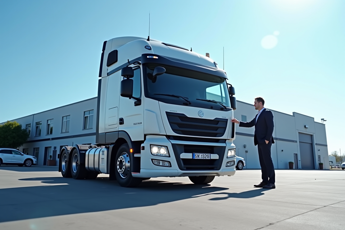 Camion semi-remorque moderne en depot avec un professionnel