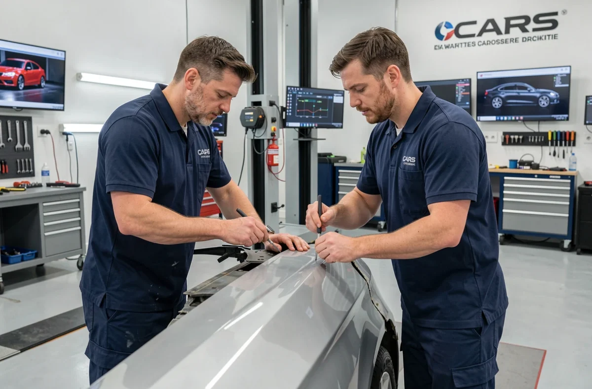Deux spécialistes de la Carrosserie CARS inspectant un panneau de carrosserie endommagé