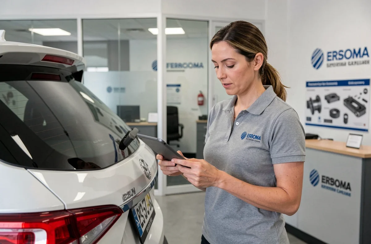 Estimatrice de Carrosserie CARS examinant les dégâts sur un SUV blanc avec une tablette numérique