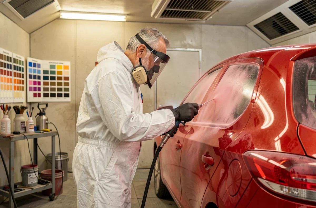 Peintre carrossier de la Carrosserie Coviglio Toulouse appliquant de la peinture dans une cabine professionnelle