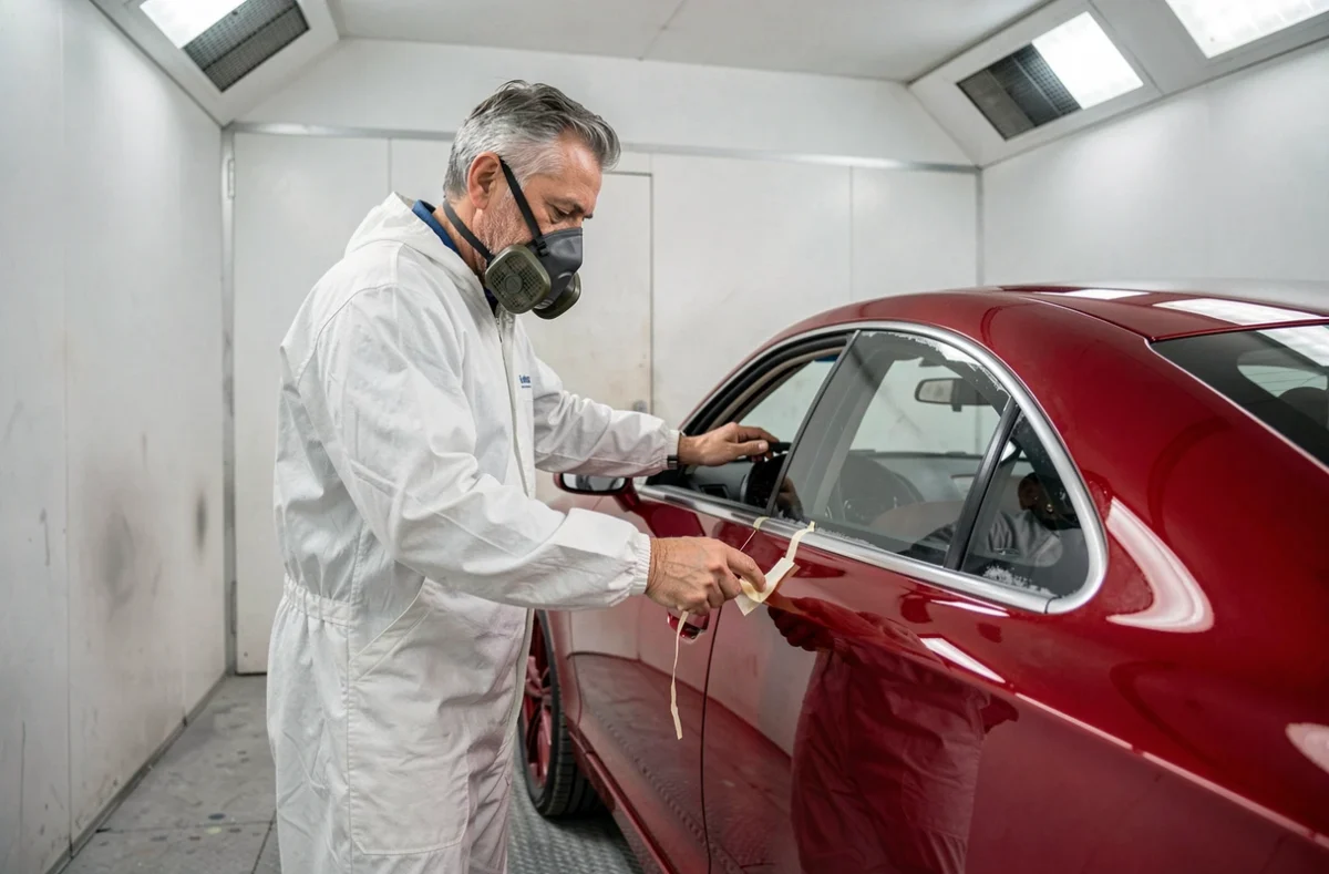 Peintre de Carrosserie Coviglio Toulouse retirant le masquage d'un coupé rouge verni en cabine de peinture