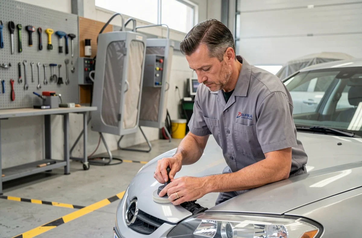 Technicien de la Carrosserie de l'Auto Toulouse travaillant sur la carrosserie d'un véhicule