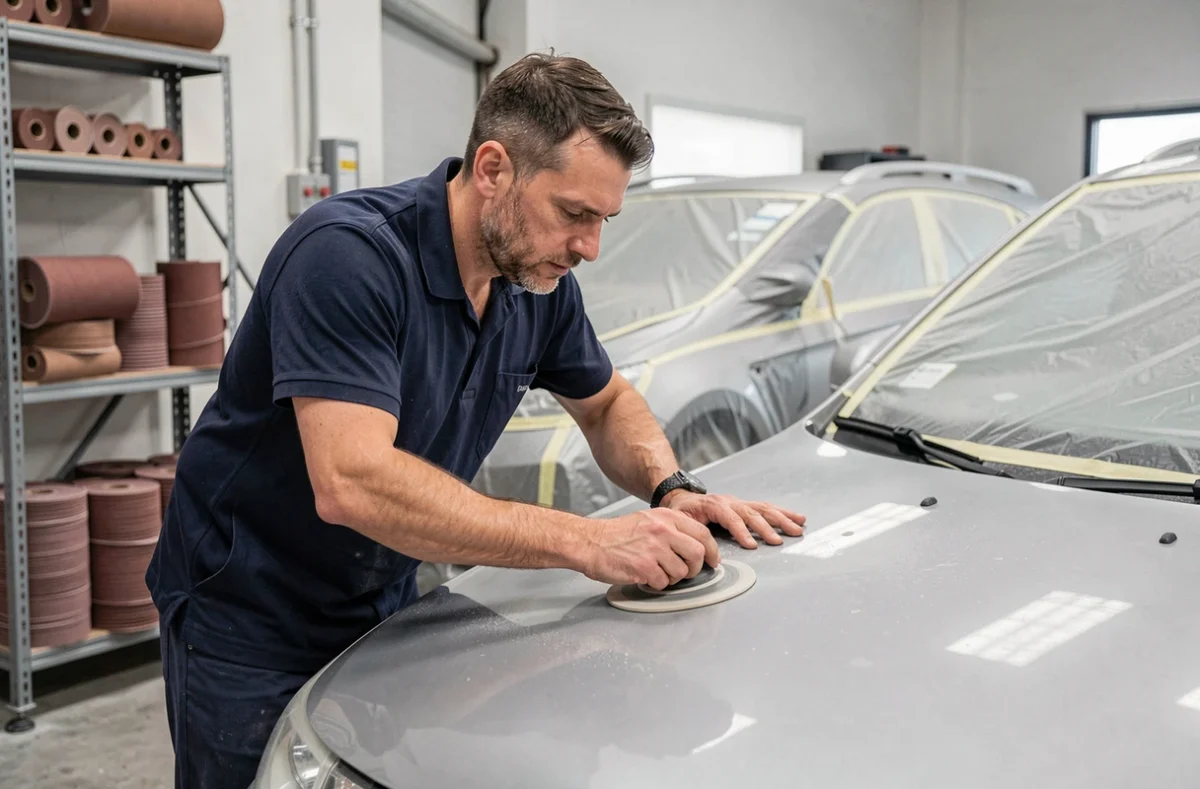 Technicien de la Carrosserie de l'Auto Toulouse ponçant le capot d'un véhicule argenté