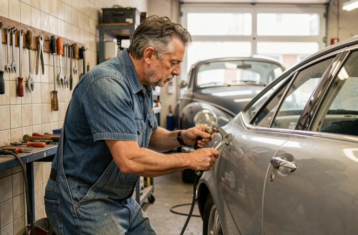 Carrossier spécialisé de la Carrosserie De Souza redressant une portière de véhicule avec un outil de débosselage