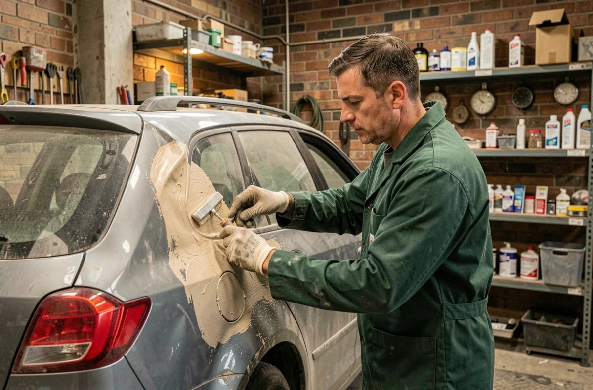 Spécialiste de Carrosserie De Souza appliquant de l'enduit sur le panneau arrière d'un break gris