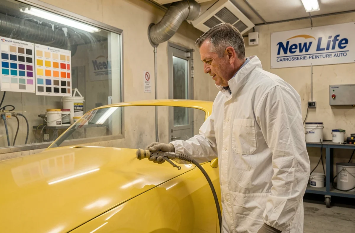 Spécialiste en peinture automobile de Carrosserie-Peinture Auto New Life appliquant une couche de peinture dans une cabine de peinture professionnelle