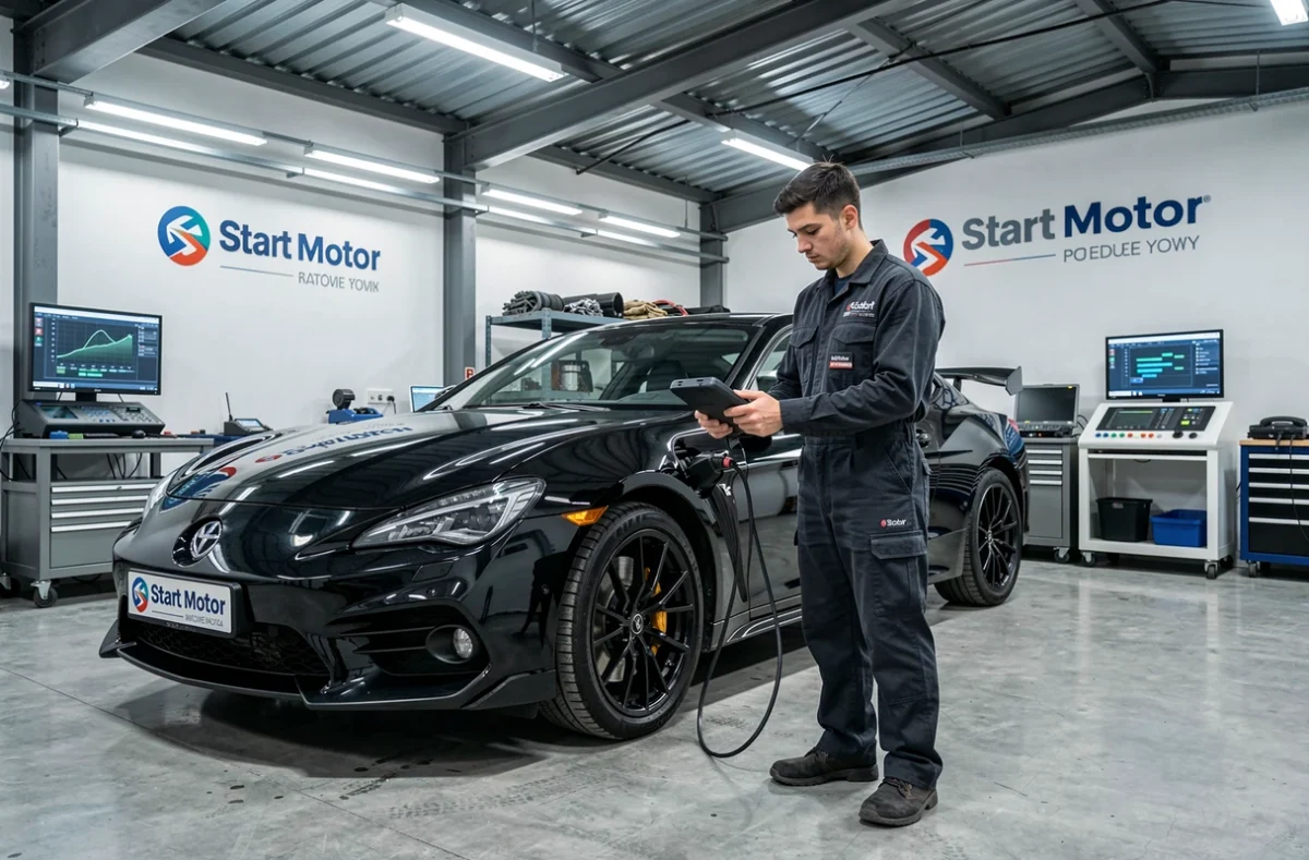 Technicien de la Carrosserie Start Motor utilisant un scanner de diagnostic sur un coupé sportif surélevé