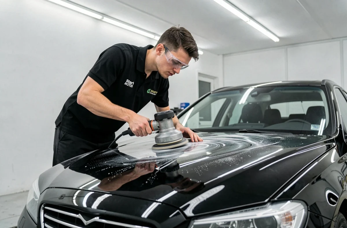 Technicien de Carrosserie Start Motor polissant le capot d'une berline noire avec une polisseuse orbitale