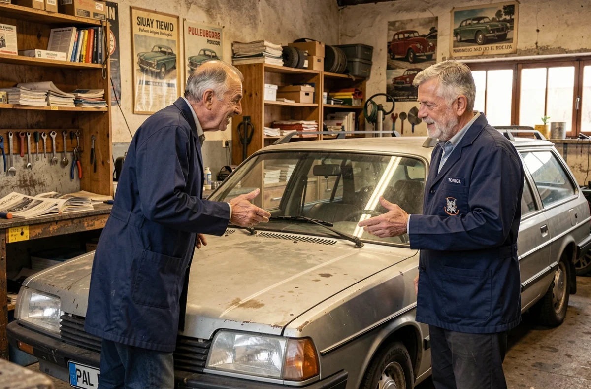 Les frères Toniol examinant ensemble une voiture ancienne endommagée dans leur atelier de carrosserie familial à Toulouse