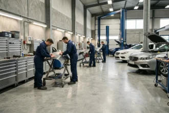 Vue d'ensemble d'un atelier de carrosserie automobile en Haute-Garonne avec des techniciens au travail