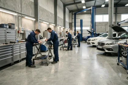 Vue d'ensemble d'un atelier de carrosserie automobile en Haute-Garonne avec des techniciens au travail
