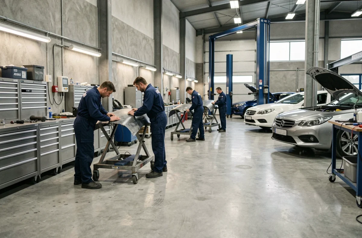 Vue d'ensemble d'un atelier de carrosserie automobile en Haute-Garonne avec des techniciens au travail