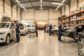 Vue d'ensemble d'un atelier de carrosserie automobile professionnel en Occitanie avec techniciens au travail