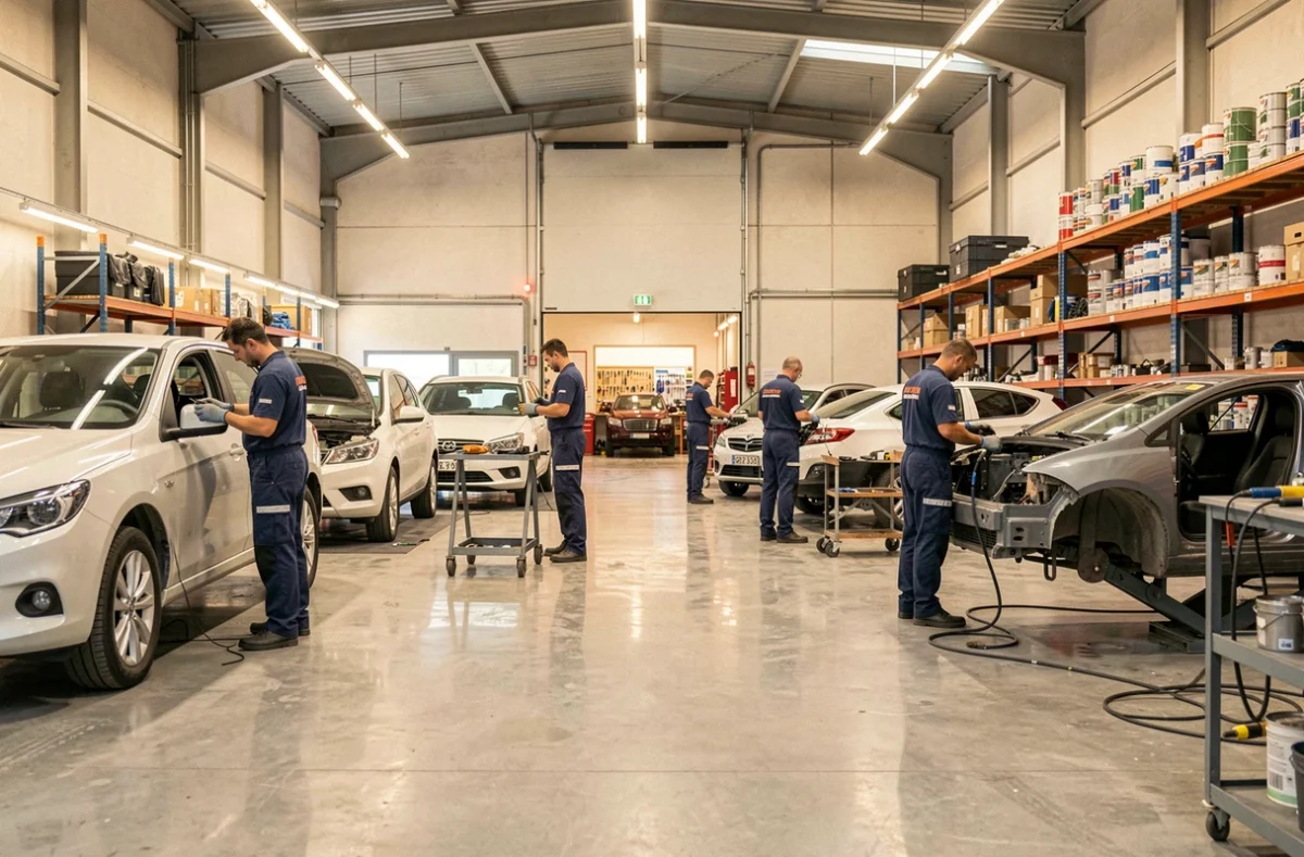 Vue d'ensemble d'un atelier de carrosserie automobile professionnel en Occitanie avec techniciens au travail
