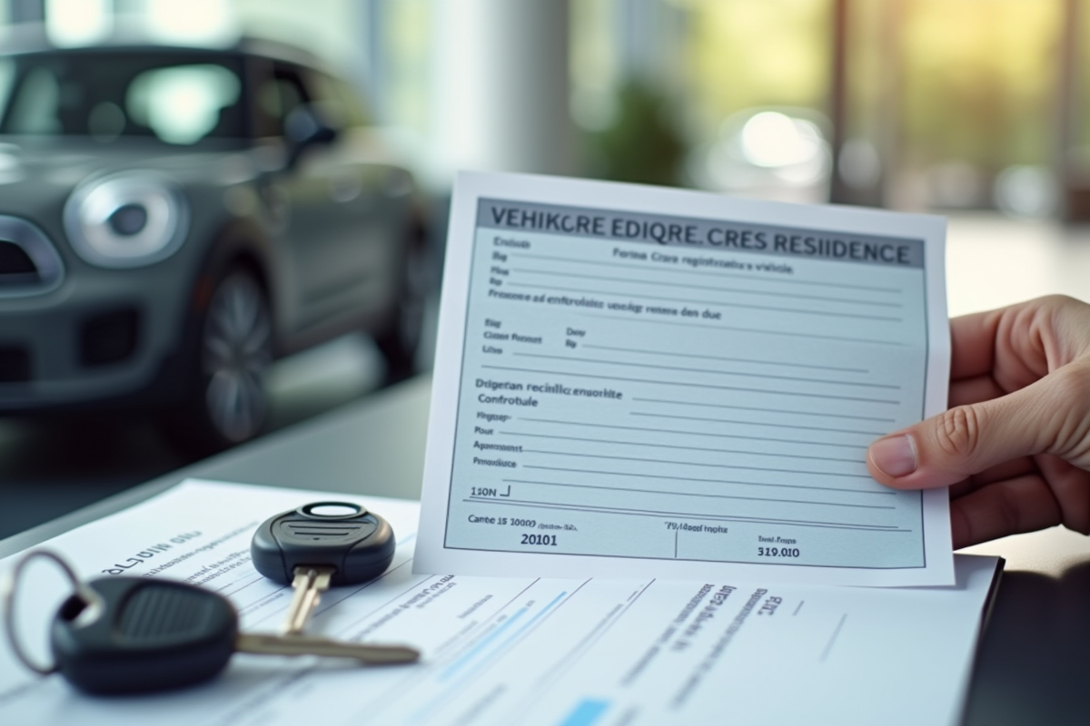 Main tenant une carte grise française avec clés de voiture en fond