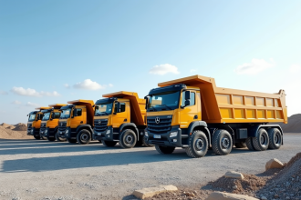 Chantier avec plusieurs camions-bennes de tailles variées