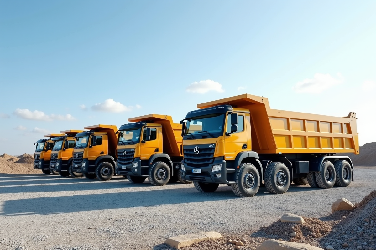Chantier avec plusieurs camions-bennes de tailles variées