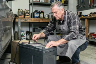 Homme connectant un chargeur de maintien à une batterie de voiture dans un garage résidentiel