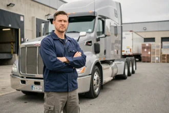 Chauffeur professionnel debout devant un camion poids lourd de catégorie C dans un dépôt logistique